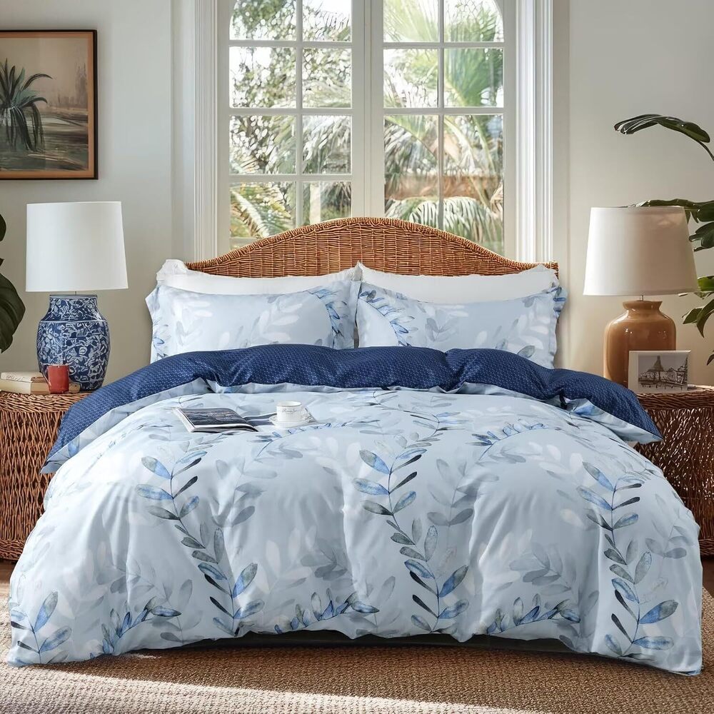 Duvet Cover Queen Size,Reversible Leaf Blue Duvet Cover Set with Zipper